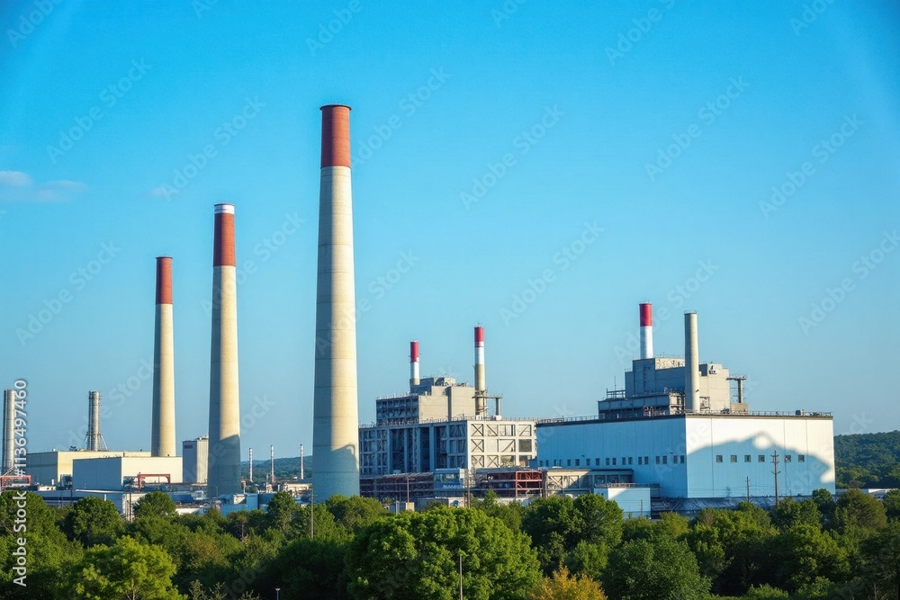 A waste incineration plant with tall smokestacks and large storage areas for garbage. The background shows a clear blue sky and green trees surrounding the facility A waste incineration plant with tall smokestacks and large storage areas for garbage. The background shows a clear blue sky and green trees surrounding the facility