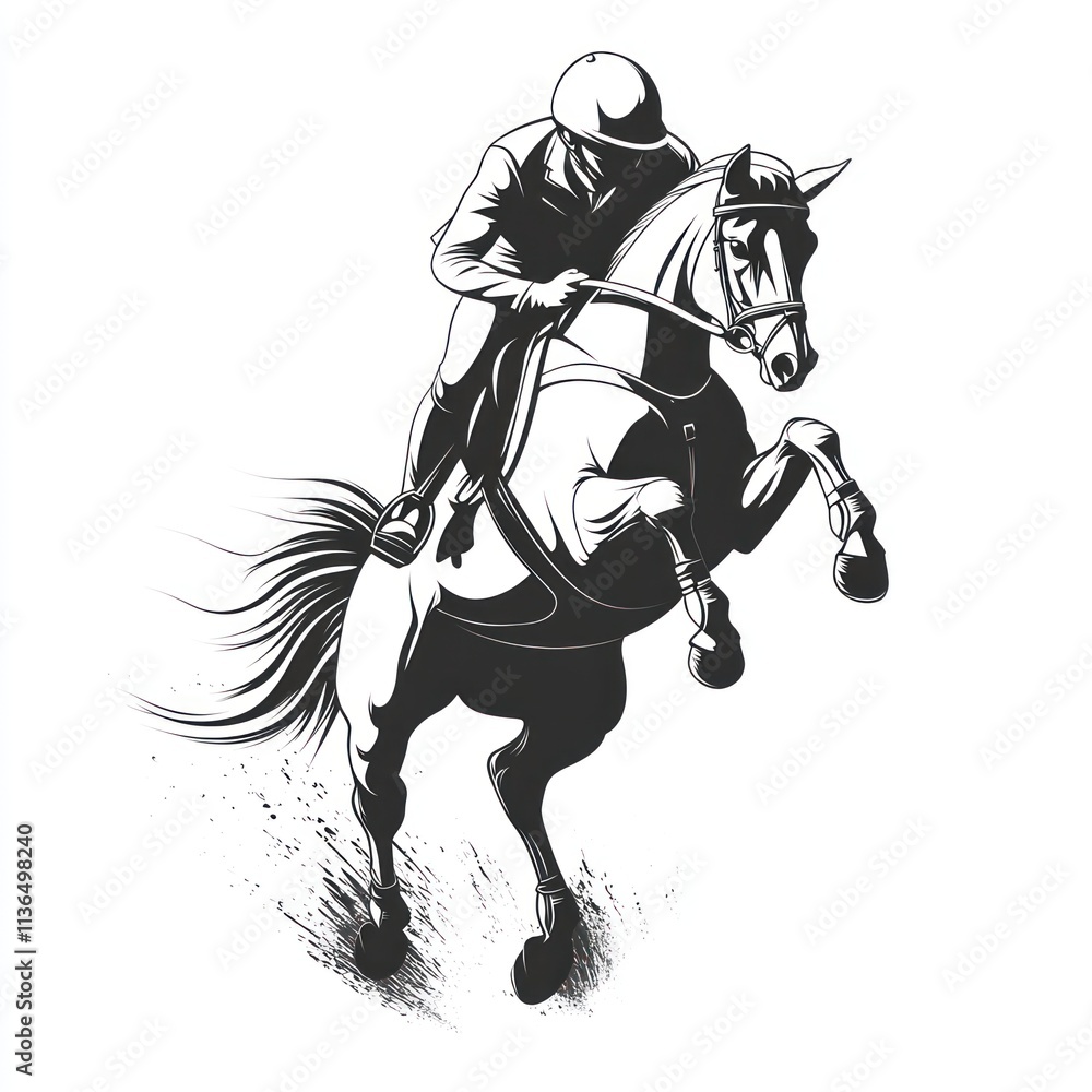 Obraz premium Jockey riding horse in mid-air jump.