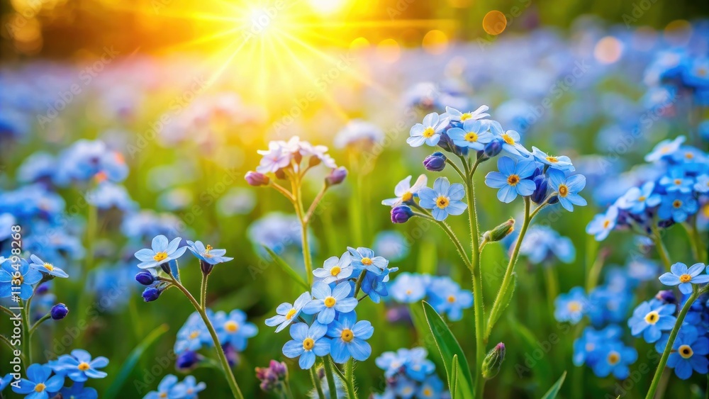 Fototapeta premium Vibrant blue wildflowers bathed in warm sunlight, a picturesque springtime meadow scene