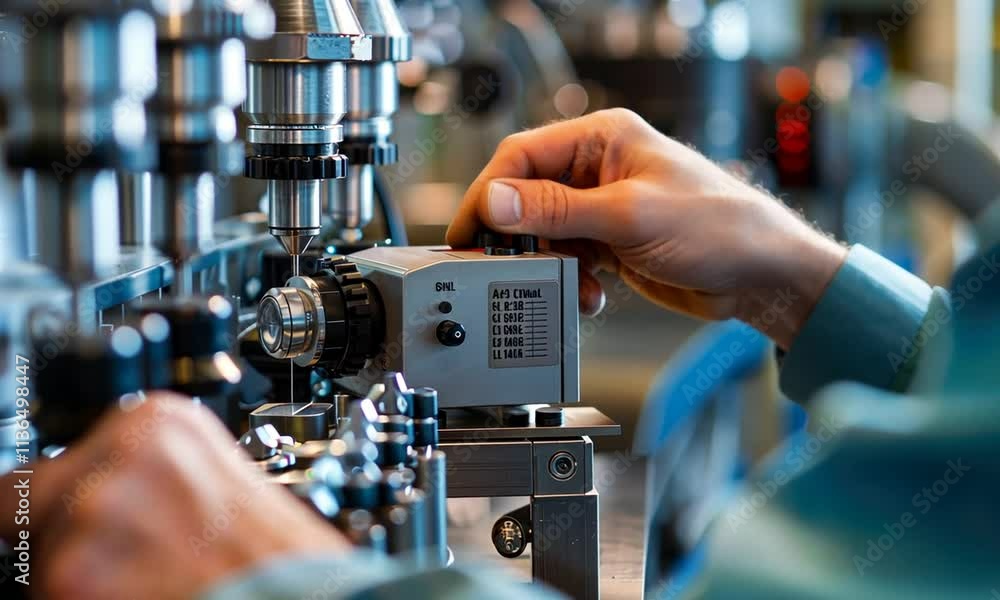 Precision Engineering: A Close-up of a Technician Adjusting a High-Tech Machine in a Modern Industrial Setting