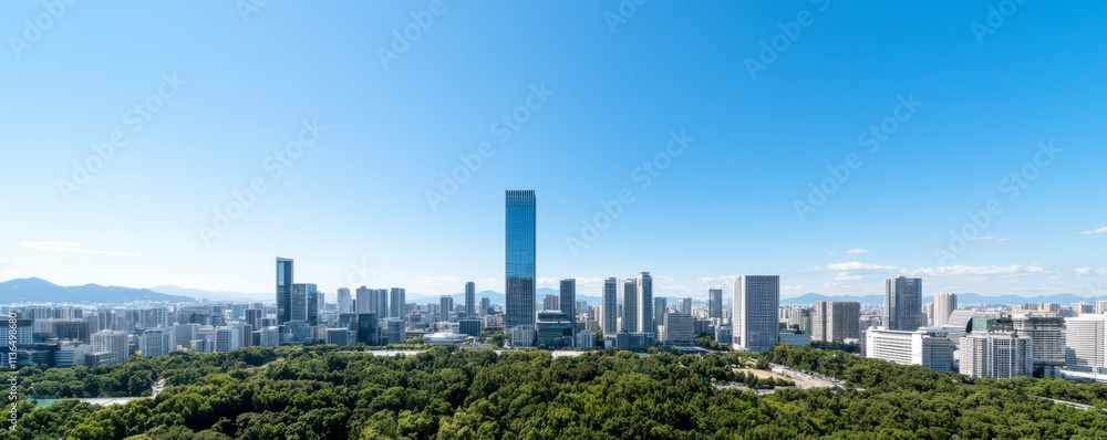 Fototapeta premium vibrant city skyline with modern buildings and lush greenery