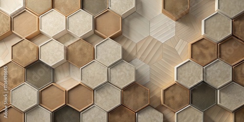 Abstract Hexagonal Pattern Wall Decor with Neutral Tones and Textured Surfaces