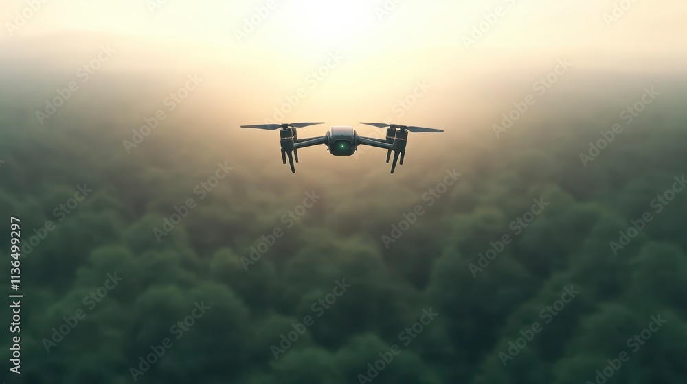 Fototapeta premium Drone Aerial Photography Sunrise Flight Over Lush Forest