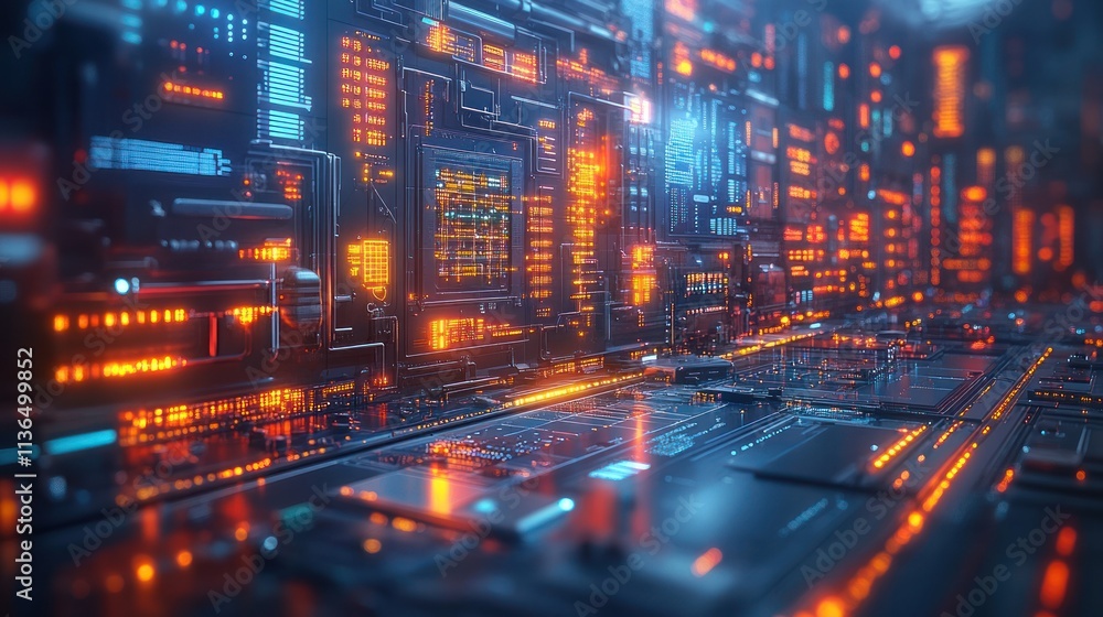 Futuristic digital circuit board with glowing elements Futuristic digital circuit board with glowing elements