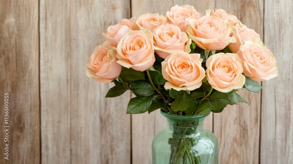 Obraz premium Peach Roses Bouquet in Glass Vase Wooden Background