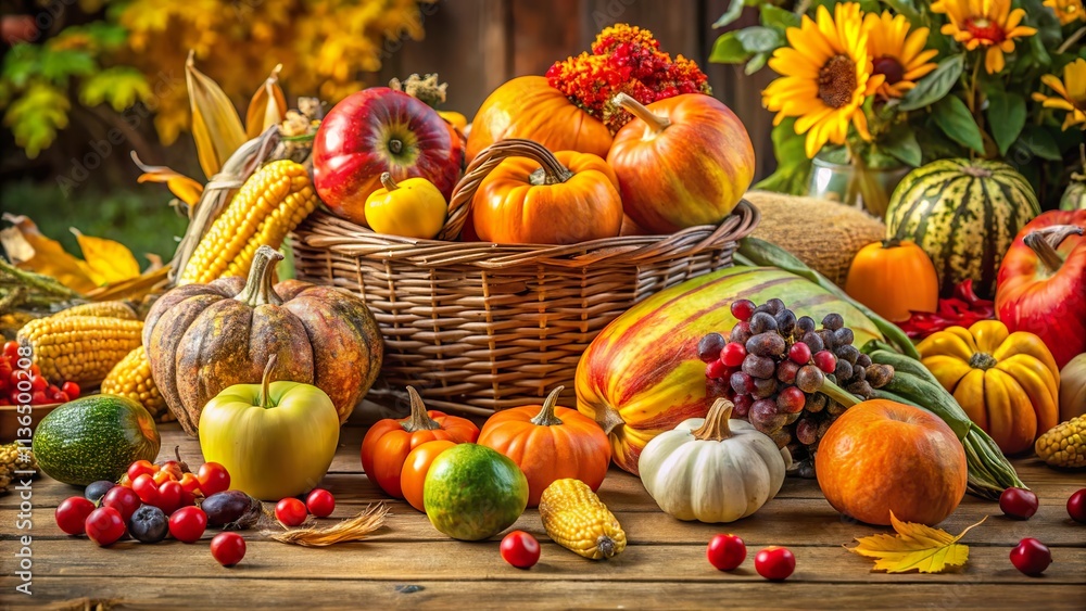 Vibrant harvest display with assorted fruits, vegetables, and flowers arranged on a rustic table outdoors in autumn Vibrant harvest display with assorted fruits, vegetables, and flowers arranged on a rustic table outdoors in autumn
