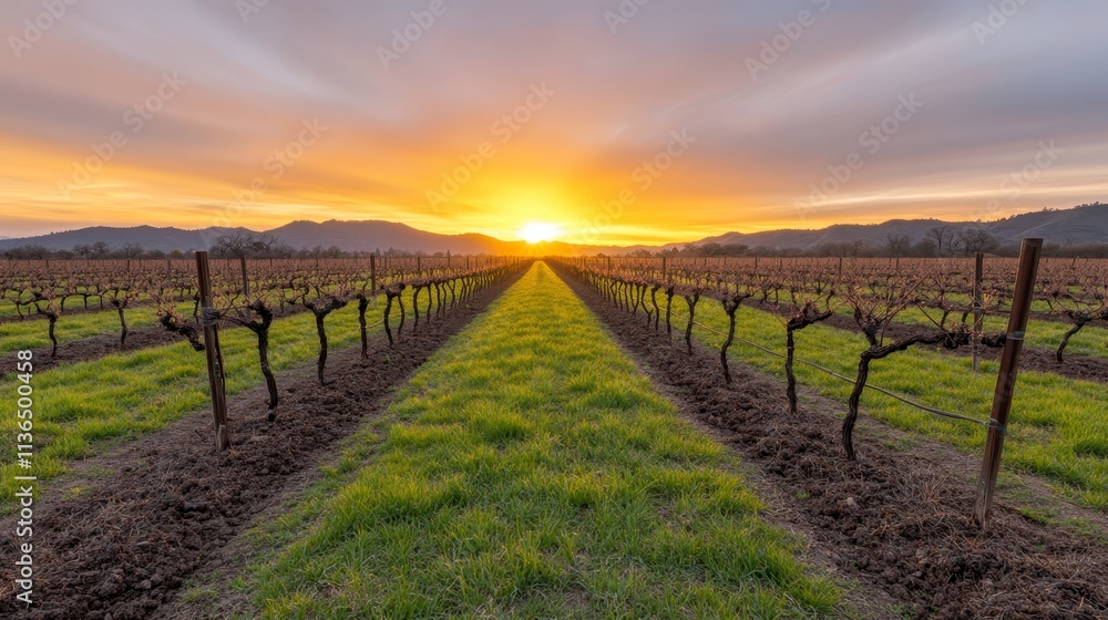 Fototapeta premium Vineyard Sunset Rows of Vines Golden Hour Landscape