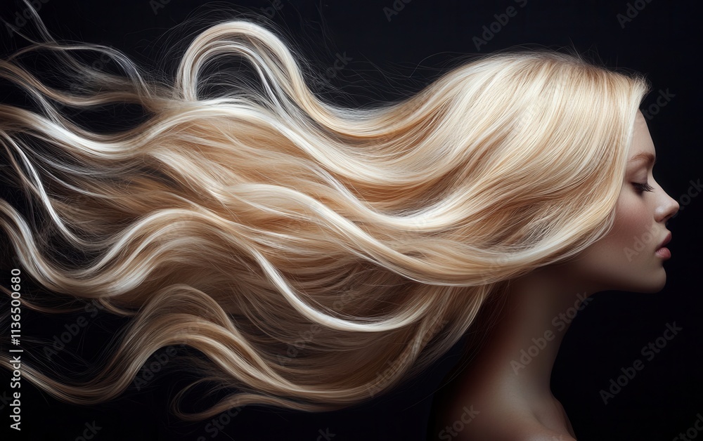 Woman with luxurious waves of silky blonde hair flow gracefully against a dark background, showcasing the beauty and health of long, shiny tresses in a striking profile Woman with luxurious waves of silky blonde hair flow gracefully against a dark background, showcasing the beauty and health of long, shiny tresses in a striking profile