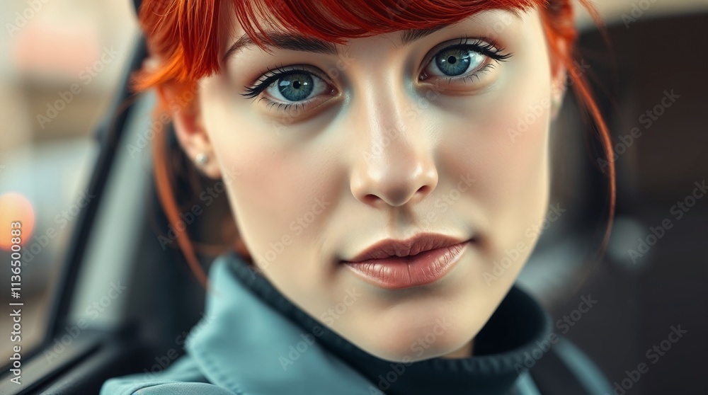 Close-up portrait of a taxi driver, young woman with striking red hair glancing at the camera in a car interior Close-up portrait of a taxi driver, young woman with striking red hair glancing at the camera in a car interior
