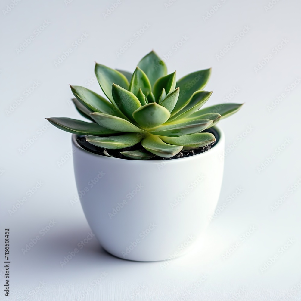 Green succulent plant in a white pot on white background. Green succulent plant in a white pot on white background.