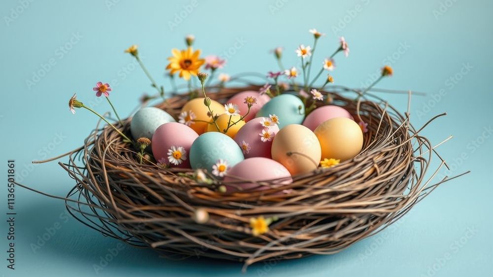 Obraz premium Pastel Easter eggs nestled in a twig bird's nest with delicate wildflowers