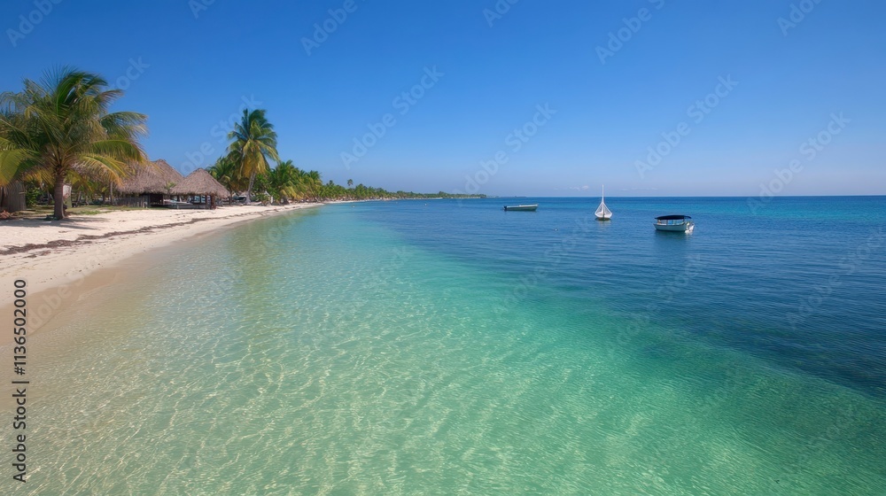 Naklejka premium Idyllic Tropical Beach Scene Boats Palm Trees Clear Water