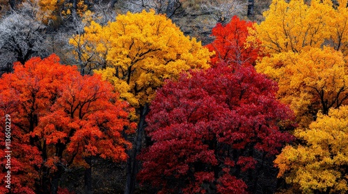 An autumn forest with trees covered in vivid orange and red leaves