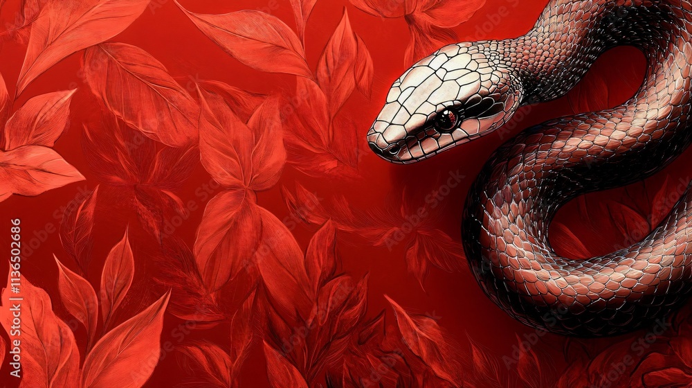 Fototapeta premium A striking digital illustration of a coiling snake against a vibrant red backdrop, ideal for Year of the Snake celebrations, mystery-themed events, or wildlife art.