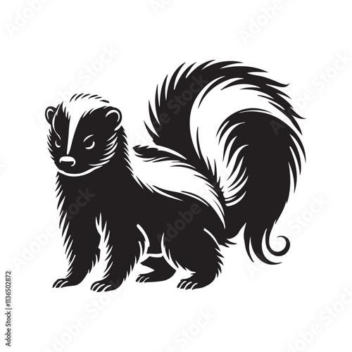 Skunk with a bushy tail  silhouette vector art black color design and solid white background 