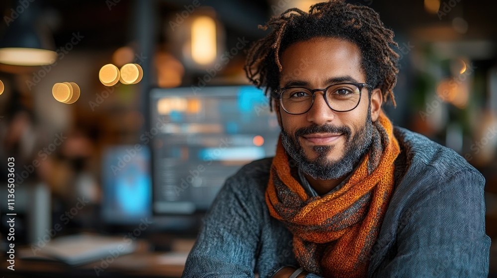 Obraz premium Smiling man in cozy workspace with computer