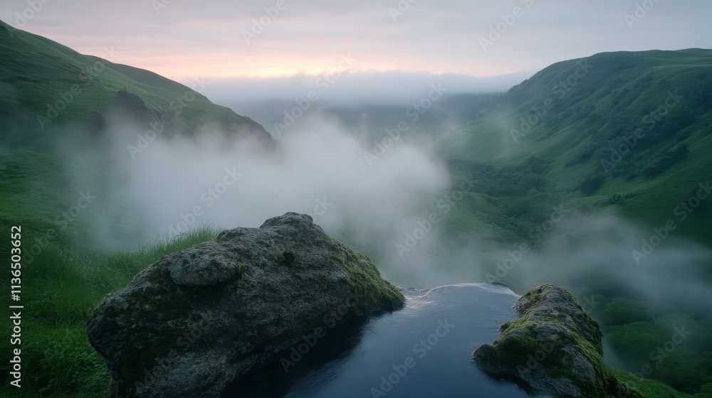 Obraz premium Misty Mountain Valley Sunrise Serene Landscape Photography