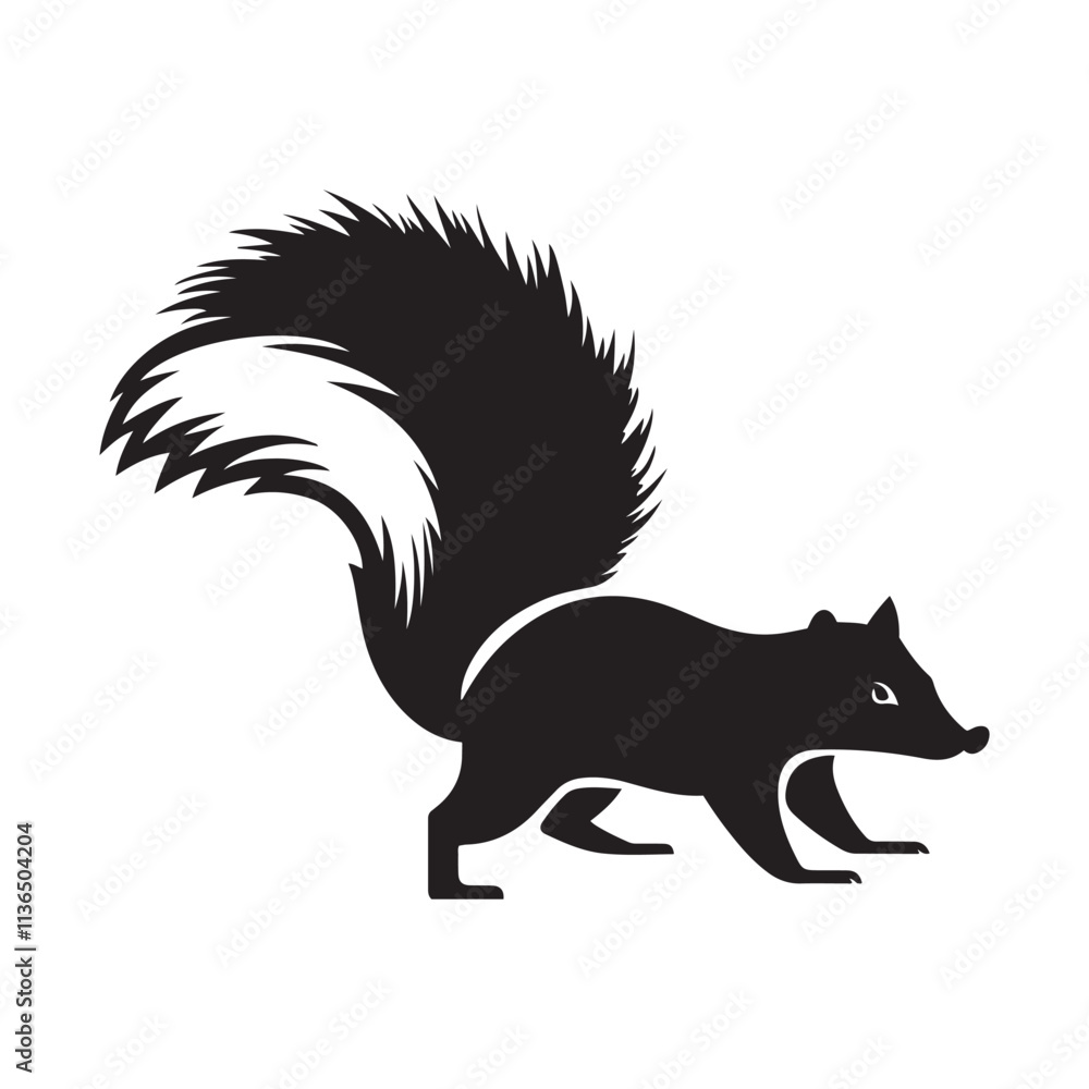 Skunk with a bushy tail silhouette vector art black color design and solid white background Skunk with a bushy tail silhouette vector art black color design and solid white background