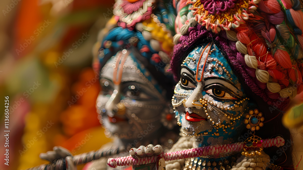 Krishna Deities: A close-up portrait of two intricately decorated Krishna deities with vibrant colors and delicate details, creating a captivating scene of devotion and artistry. Krishna Deities: A close-up portrait of two intricately decorated Krishna deities with vibrant colors and delicate details, creating a captivating scene of devotion and artistry.