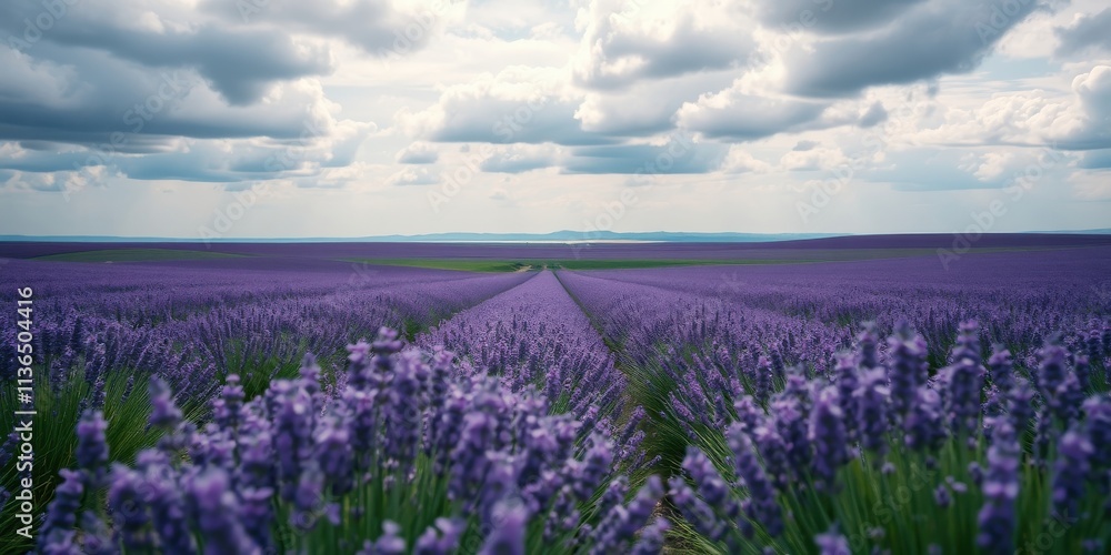 Fototapeta premium A Serene Lavender Field Stretching to the Horizon Under a Cloudy Sky