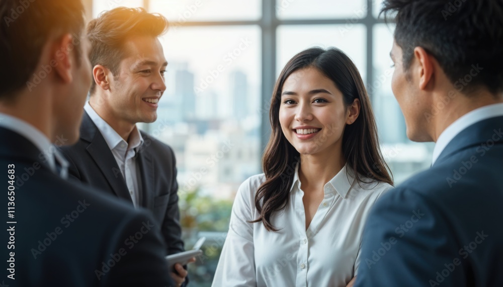 Smiling Businesswoman Engaging in Office Conversation Smiling Businesswoman Engaging in Office Conversation