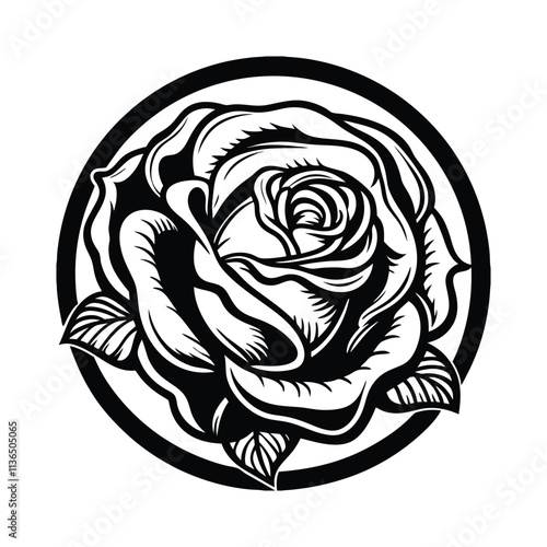 rose flower linocut silhouette vector illustration