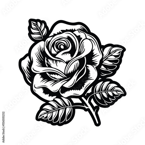 rose flower linocut silhouette vector illustration