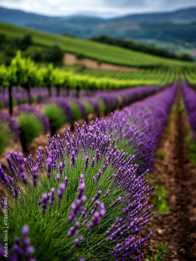 Obraz premium Lavender field blooming in vineyard landscape