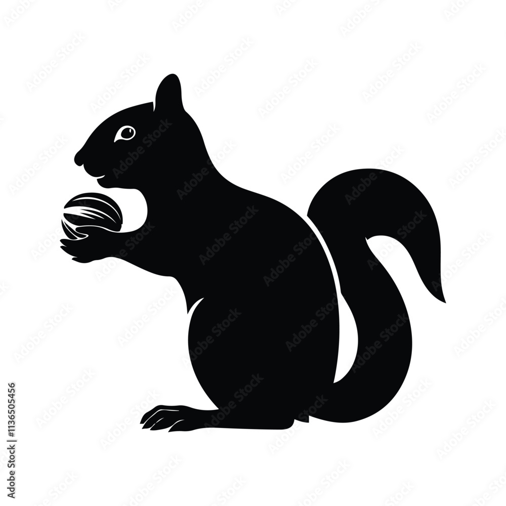 Squirrel eating a nut silhouette vector art black color design and solid white background Squirrel eating a nut silhouette vector art black color design and solid white background