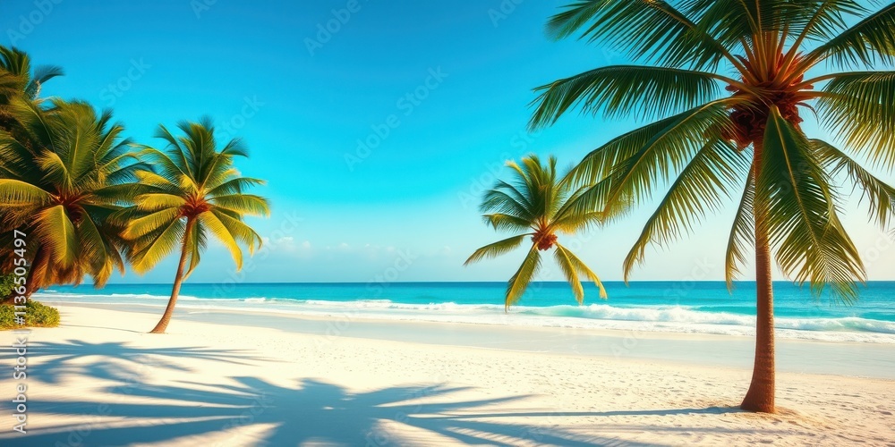 Serene tropical beach scene with palm trees, soft sand, and gentle ocean waves under a vibrant blue sky Serene tropical beach scene with palm trees, soft sand, and gentle ocean waves under a vibrant blue sky