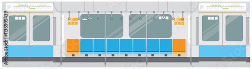 a drawing of an empty subway train with the front facing windows and doors