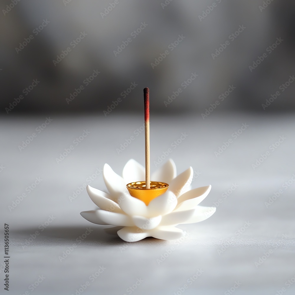 A serene incense holder shaped like a white lotus flower, featuring a single incense stick, creating a tranquil and peaceful ambiance. A serene incense holder shaped like a white lotus flower, featuring a single incense stick, creating a tranquil and peaceful ambiance.