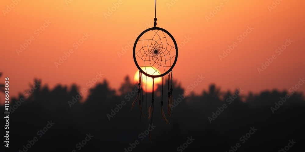 Silhouette of a dream catcher hanging against a vibrant sunset backdrop, creating a serene and peaceful atmosphere. Silhouette of a dream catcher hanging against a vibrant sunset backdrop, creating a serene and peaceful atmosphere.