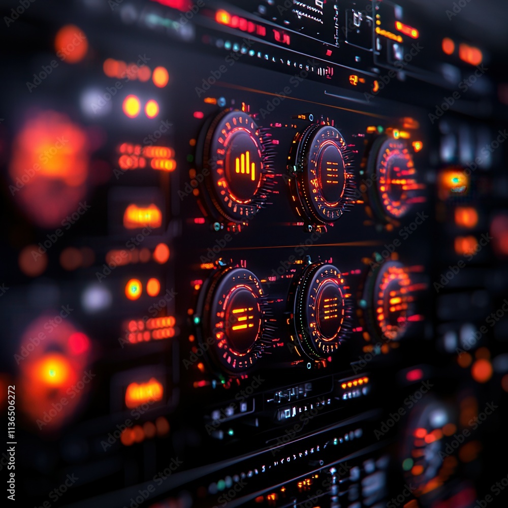 Obraz premium Futuristic Control Panel with Glowing Dials and Digital Displays