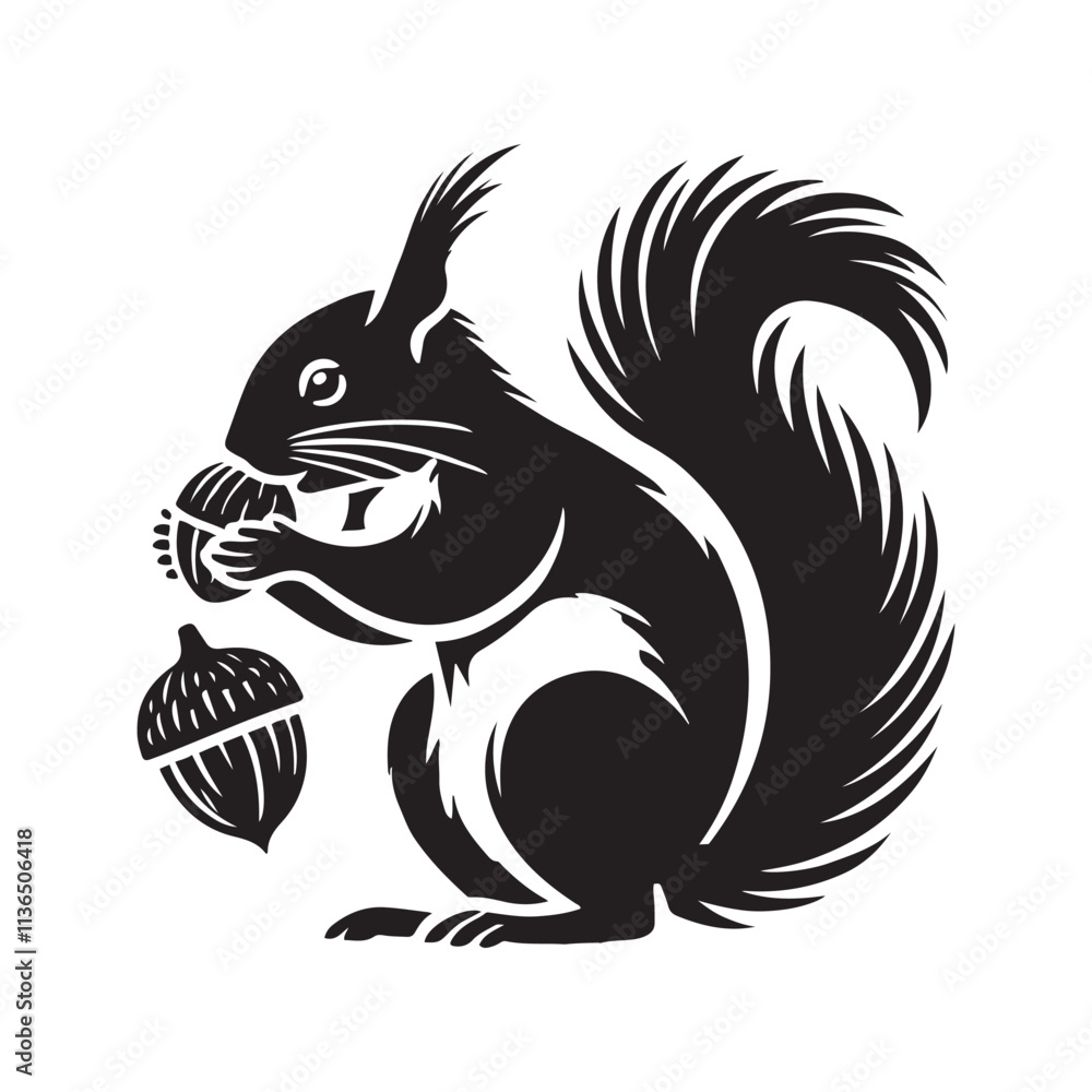 Squirrel eating a nut silhouette vector art black color design and solid white background Squirrel eating a nut silhouette vector art black color design and solid white background