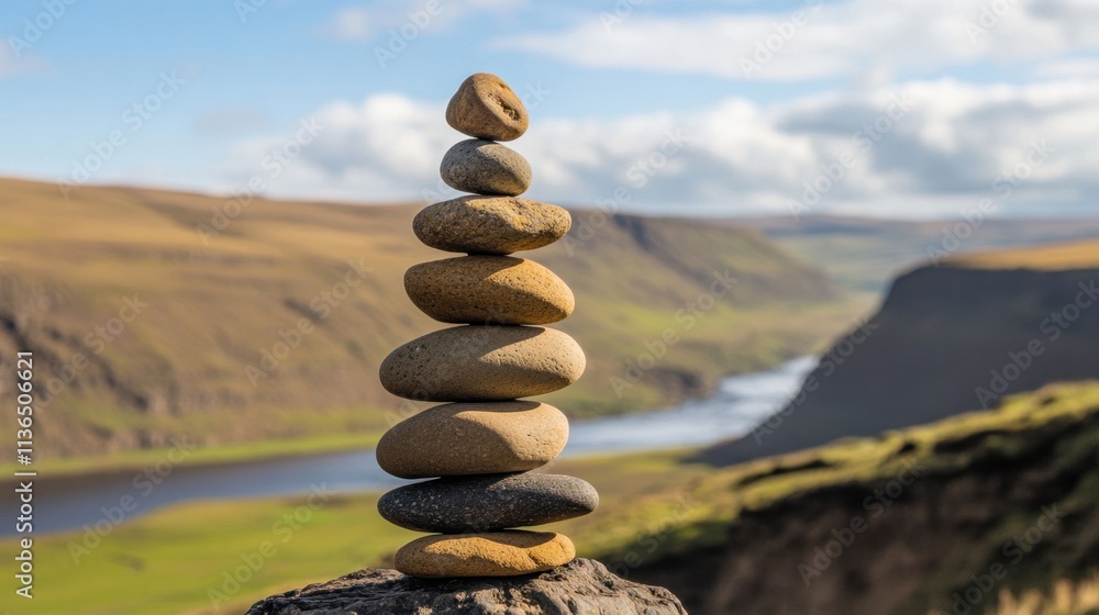 Stacked Smooth River Stones in Scenic Landscape Stacked Smooth River Stones in Scenic Landscape