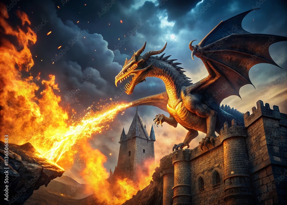 Fiery Dragon Attack: Night Castle Fire Breath Fantasy Art Fiery Dragon Attack: Night Castle Fire Breath Fantasy Art
