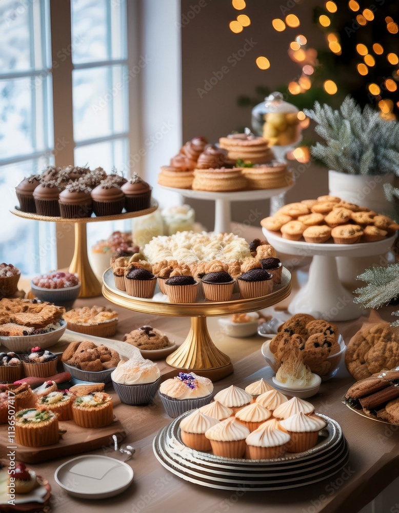 Generated image A festive dessert table with assorted cupcakes, pies, and cookies. Generated image A festive dessert table with assorted cupcakes, pies, and cookies.