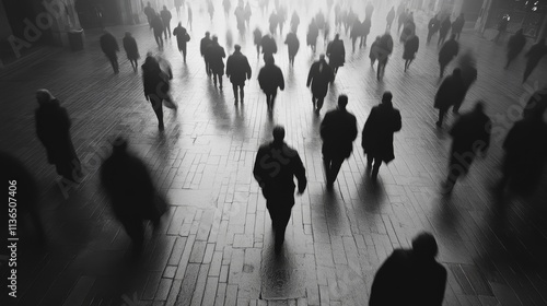 Black and white silhouettes of people walking on a foggy street