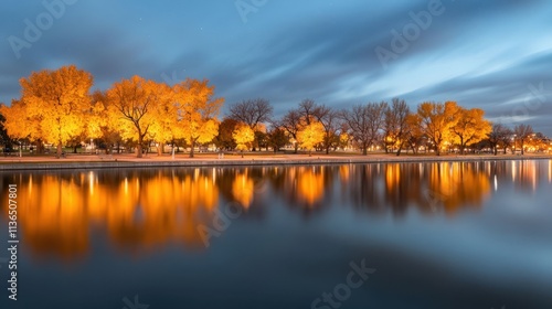 Starry Night Sky Over Serene Lake with Autumn Trees