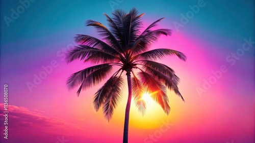 Silhouette of a single palm tree at sunset with vibrant pink and blue sky