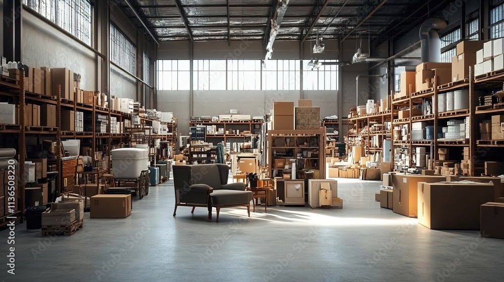 A warehouse filled with furniture and boxes, showcasing the storage space for home decor items. A warehouse filled with furniture and boxes, showcasing the storage space for home decor items.