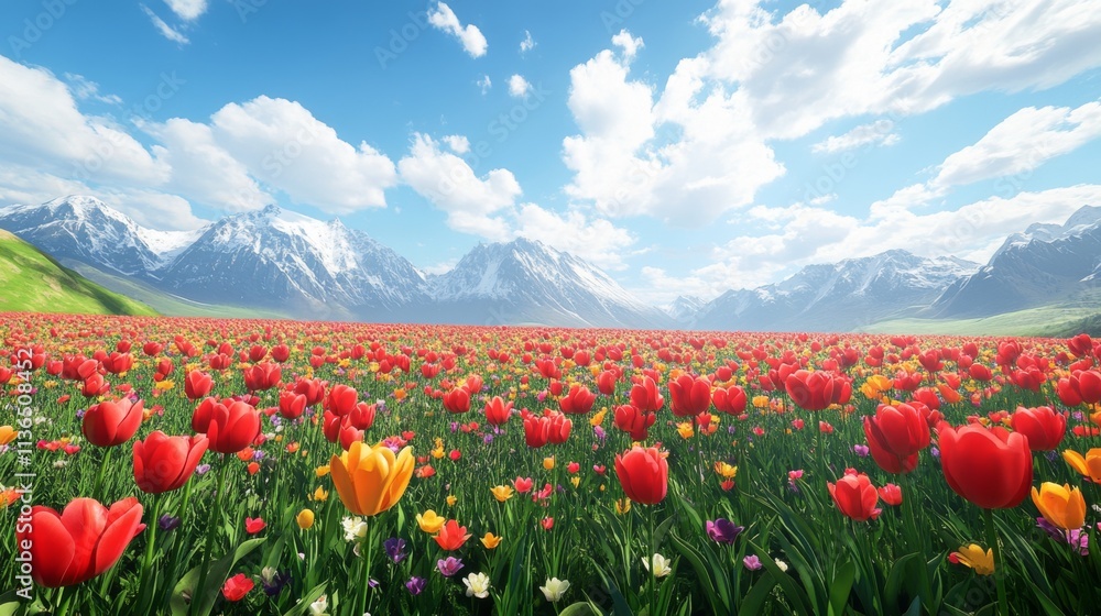 Field of tulips under a bright sunny sky with clouds Field of tulips under a bright sunny sky with clouds