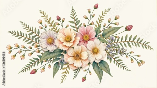 Delicate floral arrangement with pastel flowers and green leaves