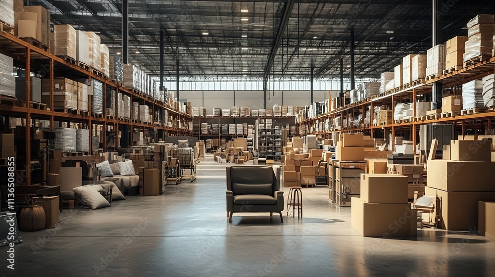 A warehouse filled with furniture and boxes, showcasing the storage space for home decor items. A warehouse filled with furniture and boxes, showcasing the storage space for home decor items.