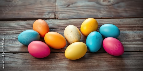 A Colorful Collection of Painted Eggs on Rustic Wood photo