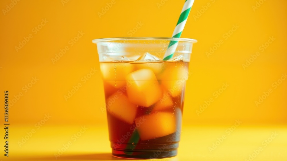 Refreshing Iced Beverage with Cubes in Plastic Cup