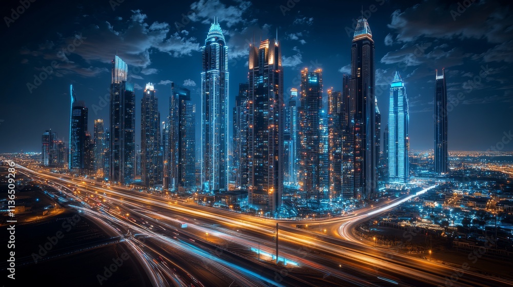 Fototapeta premium Modern city skyline at night with illuminated skyscrapers