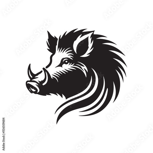 Wild boar head  silhouette vector art black color design and solid white background 