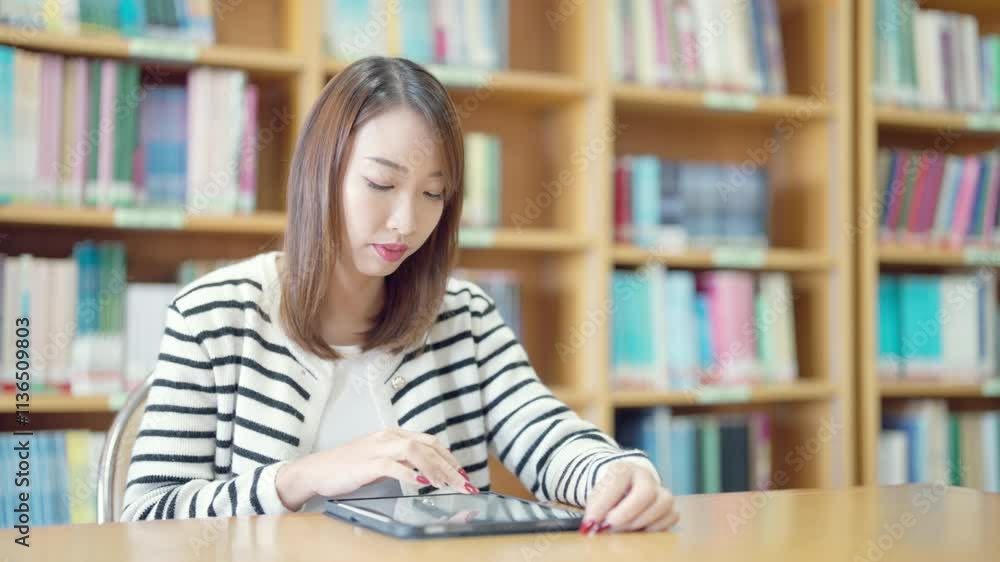 A woman is sitting at a table in a library, using a tablet. Concept of focus and concentration, as the woman is engaged in her work or study. The library setting suggests a quiet A woman is sitting at a table in a library, using a tablet. Concept of focus and concentration, as the woman is engaged in her work or study. The library setting suggests a quiet